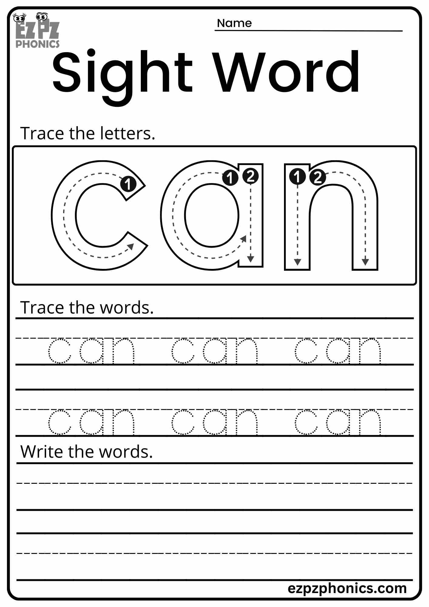 Dolch Sight Word "Can" Activity for Early Learners PDF Download